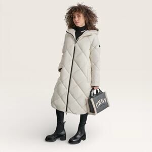 DKNY RARE XL Long Quilted Puffer Coat Hooded Ivory Zip Winter Jacket Parka NWT